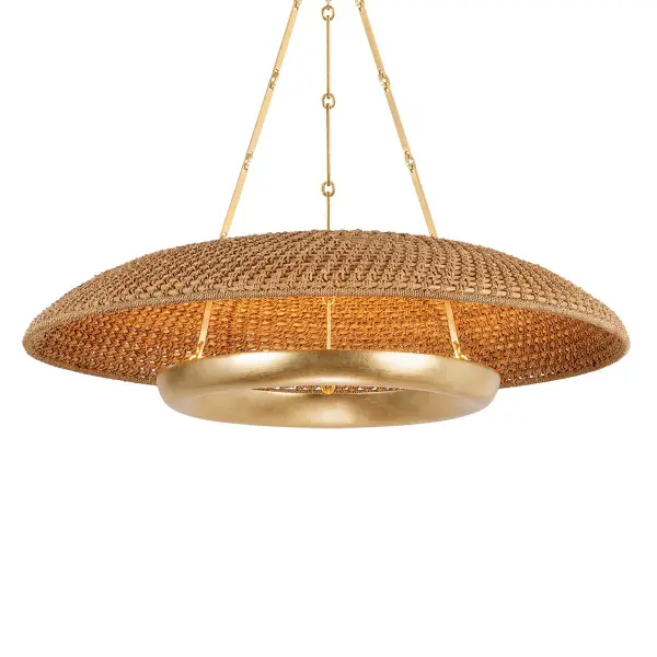 The Oaklyn pendant masterfully blends organic texture with refined metalwork. Its handwoven Lampanakay rope shade creates stunning ceiling patterns while the vintage gold leaf finish adds warmth and sophistication to coastal-inspired spaces.