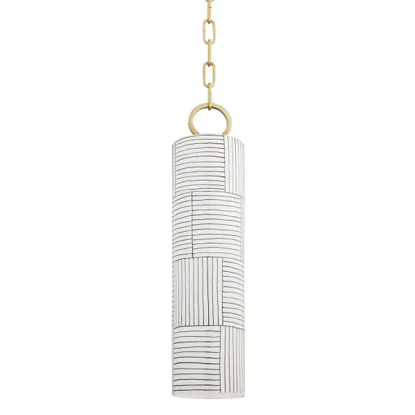 This Hudson Valley pendant combines warm aged brass with distinctive striped glass for a refined look. The compact size makes it ideal for kitchen islands, dining areas, or entryways where understated elegance is desired.