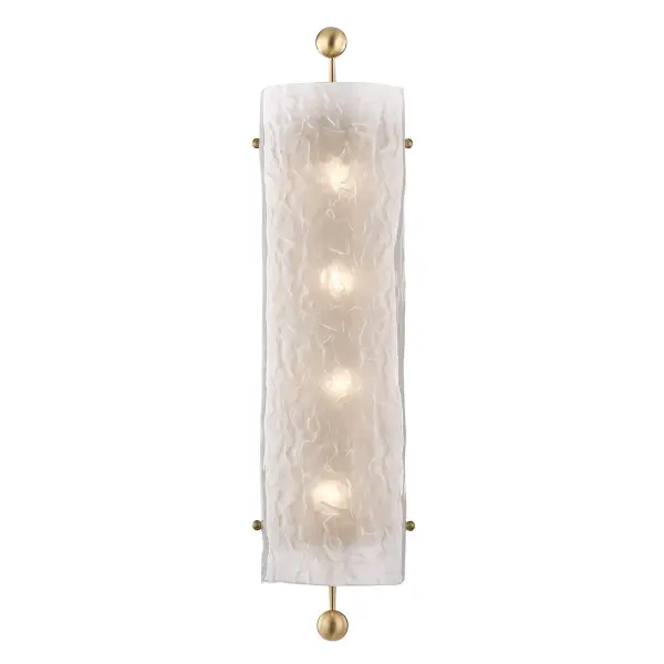 The Broome wall sconce delivers sophisticated vertical lighting with four candelabra bulbs arranged in a sleek aged brass frame. Its 27-inch height makes a statement while the narrow 6.25-inch width keeps it space-efficient.