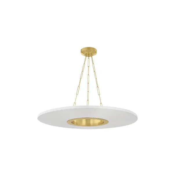 The Prattsburgh chandelier masterfully combines contemporary LED technology with traditional design elements. Its distinctive faux silk-wrapped disc shade creates a pleated texture that emits a warm, glowing halo of light, while the aged brass finish adds subtle vintage charm.