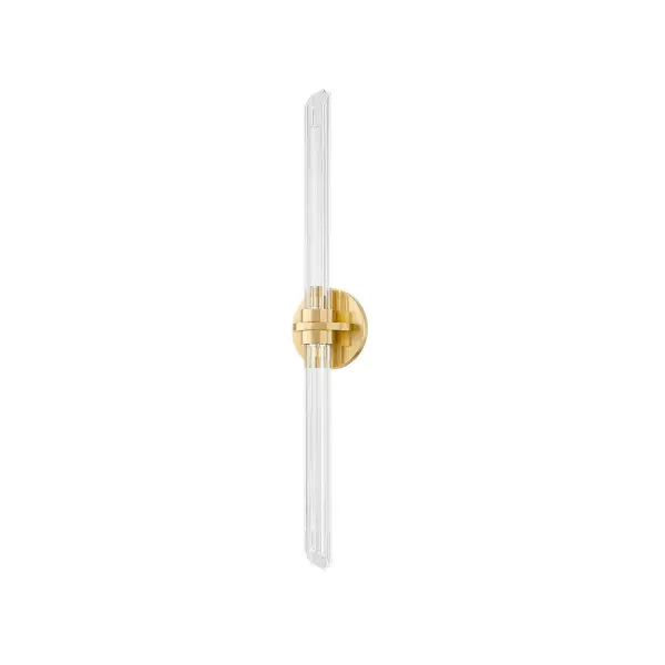 The Knighton sconce combines faceted clear glass with warm Aged Brass metalwork for an upscale, dimensional look. Integrated LED provides efficient ambient lighting with excellent color rendering, perfect for bathroom vanities.