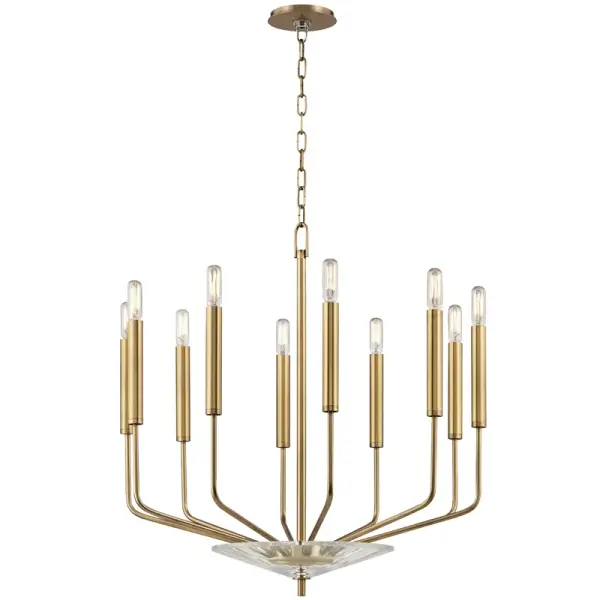 The Gideon chandelier combines clean geometric lines with warm aged brass finish and a striking crystal accent plate. Its tubular design and exposed bulbs create a sophisticated yet understated focal point perfect for contemporary spaces.