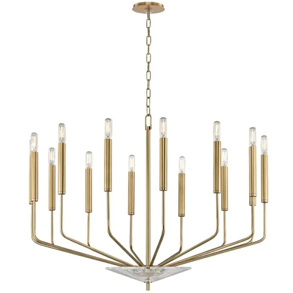 Gideon's architectural design features bent metal rods and tubular elements that create a bold geometric presence. The crystal base plate adds refined elegance to its minimalist form, making it a sophisticated focal point.