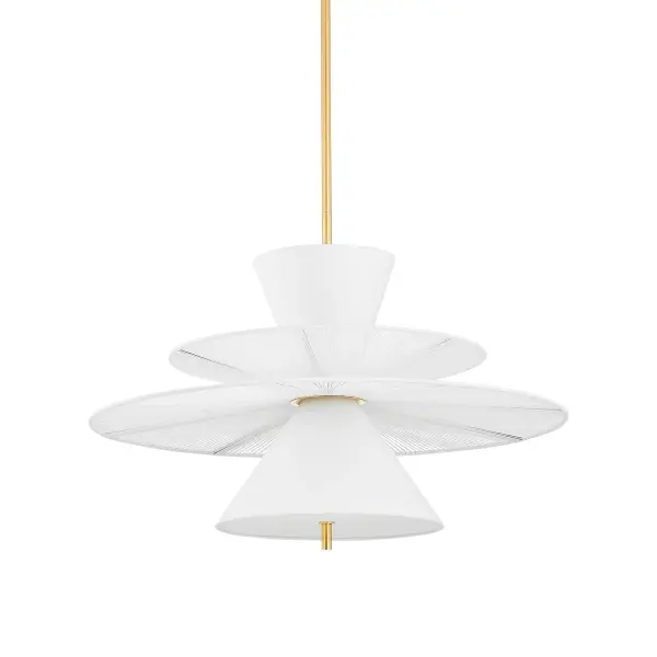 Esperance brings fresh, organic design with its hourglass silhouette formed by cone-shaped linen shades and suspended discs strung with natural bleached abaca. The sculptural form provides both uplight and downlight, creating dynamic illumination.
