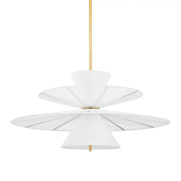 Esperance brings a fresh, sculptural presence with its hourglass silhouette formed by cone-shaped linen shades and suspended abaca discs. The natural bleached abaca and white linen create an airy, coastal-inspired aesthetic while providing both uplight and downlight functionality.