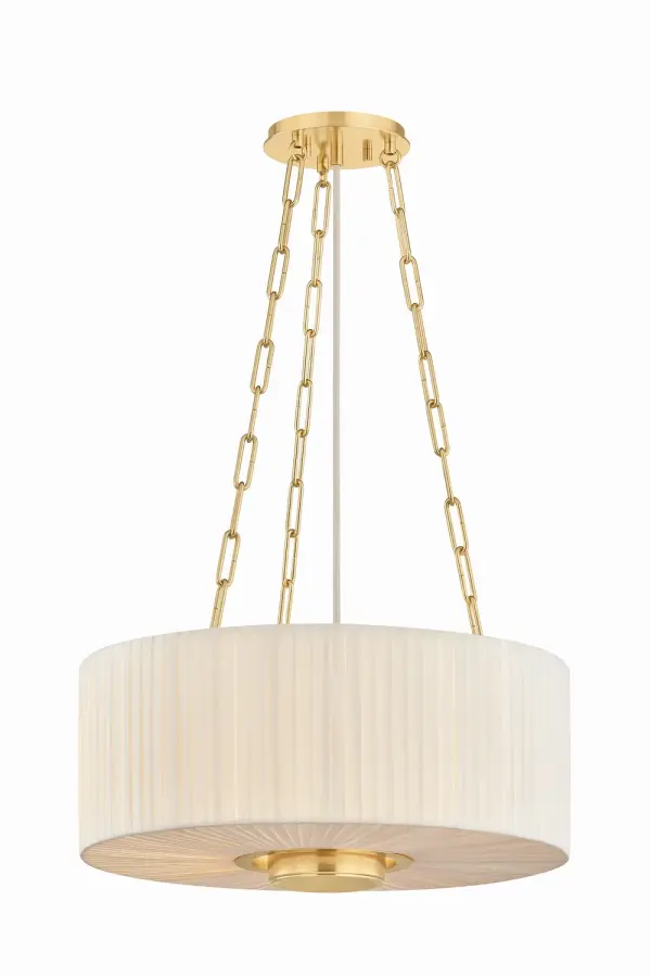 Camby delivers refined elegance through its oversized pleated ivory linen shade and distinctive Aged Brass oculus detail. The triple-chain suspension system adds architectural interest while the classic proportions work beautifully in both traditional and contemporary settings.