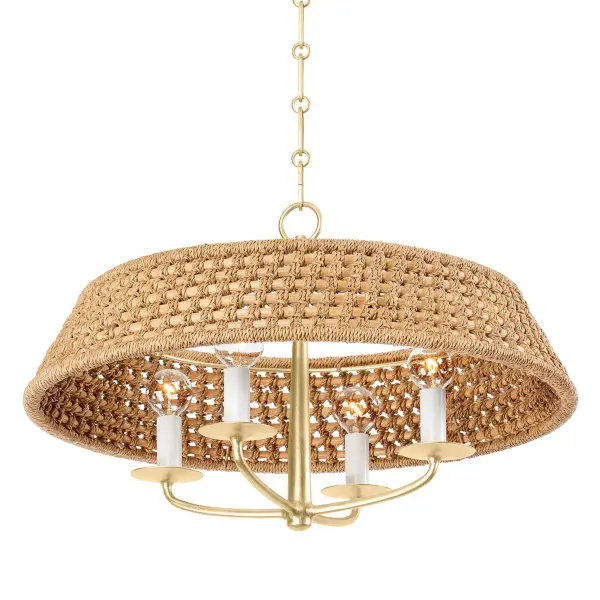 The Bradley chandelier combines classic proportions with contemporary clean lines in a luxurious vintage gold leaf finish. Its 22-inch width makes it versatile for dining rooms and kitchen islands.