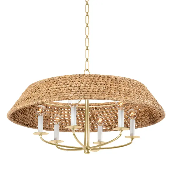 The Bradley chandelier combines classic proportions with contemporary clean lines in a luxurious vintage gold leaf finish. Its 30-inch width makes it versatile for dining rooms and kitchen islands.
