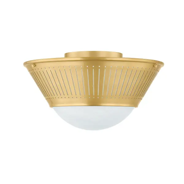 The Elsmere flush mount elevates standard ceiling lighting with Art Deco-inspired design. Its aged brass finish and decorative perforations create a sun-like visual effect, while the cloud glass shade softens the light beautifully.
