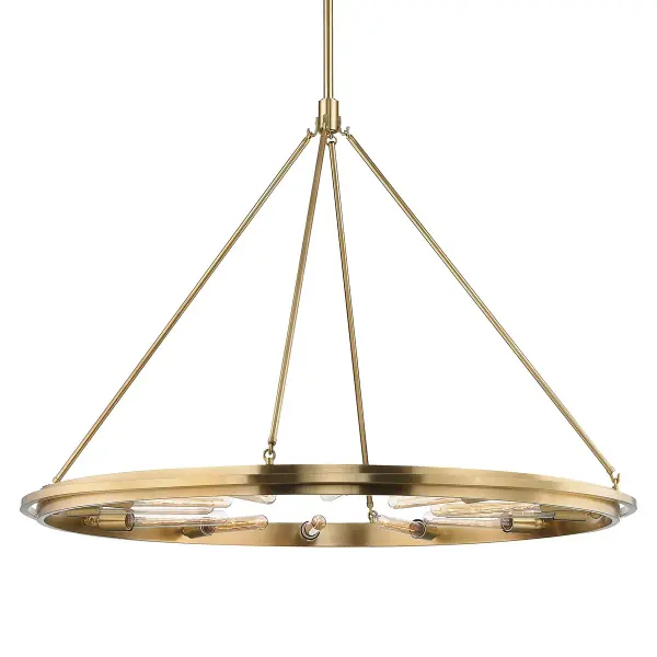 The Chambers chandelier makes a dramatic impact with its impressive 45-inch width and 12 lights. The aged brass finish brings warmth and sophistication, while the generous scale commands attention in large spaces.