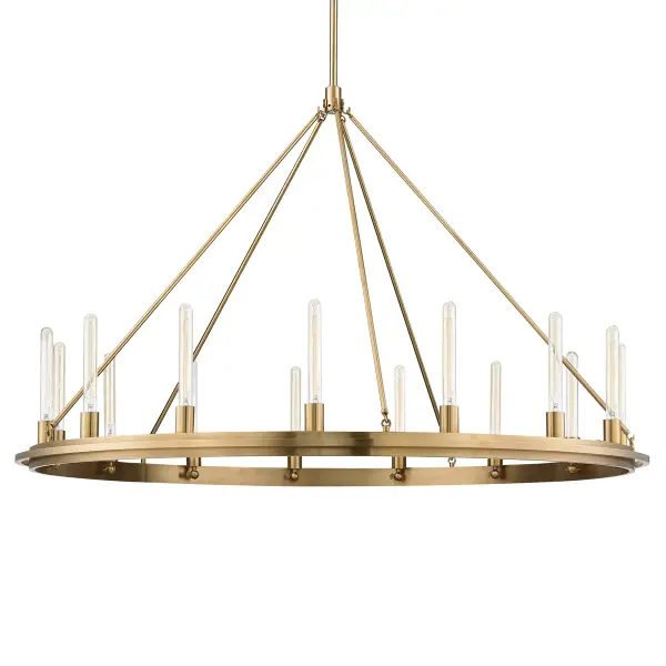 The Chambers chandelier makes a dramatic impact with its nearly 5-foot width and 15 lights. The aged brass finish and clean linear design work beautifully in both traditional and contemporary settings, making it ideal for grand dining rooms and open-concept spaces.