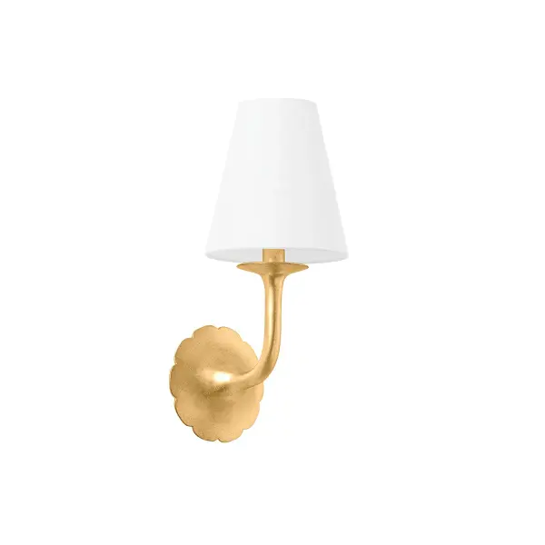 The Winnipeg sconce brings botanical elegance to any space with its delicate scalloped edges and flower-inspired design. The vintage gold leaf finish paired with a white linen shade creates a sophisticated, timeless look that works beautifully in traditional and contemporary settings alike.