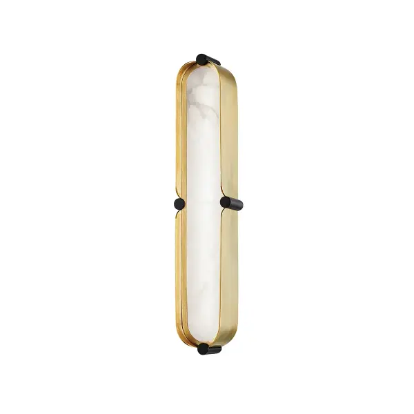 This contemporary bath bracket combines aged brass warmth with black accents for a refined, modern aesthetic. The integrated LED technology provides energy-efficient illumination ideal for vanity applications.