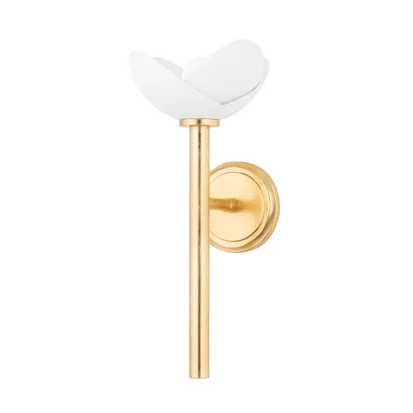 This sophisticated wall sconce combines luxurious gold leaf metalwork with a handcrafted white plaster shade, creating a refined lighting solution that bridges contemporary and traditional aesthetics.