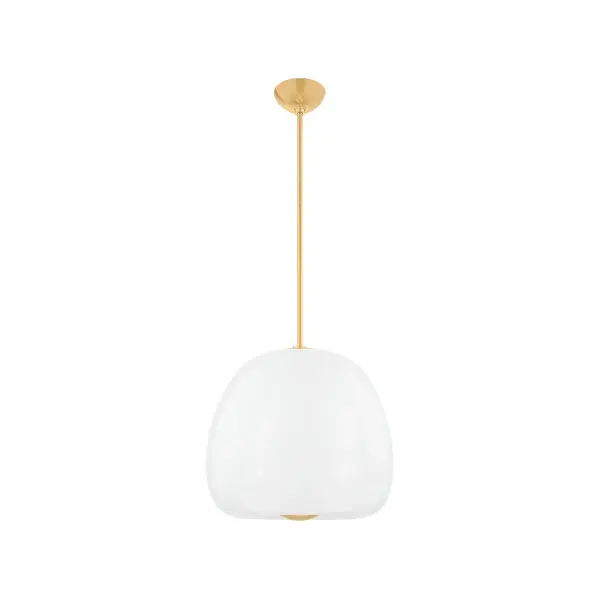 The Scranton pendant brings fresh, organic sophistication to dining and kitchen spaces. Its apple-inspired silhouette features dual glass layers—etched outer and glossy opal core—creating dimensional visual interest and warm, diffused LED light.