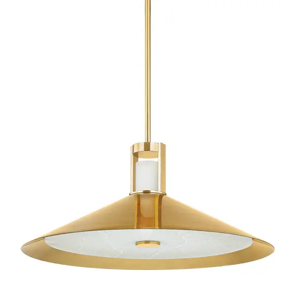 The Clermont combines modern LED efficiency with timeless materials. Its 28-inch conical alabaster shade creates a soft, ambient glow perfect for dining spaces, while the aged brass finish adds warmth and elegance.
