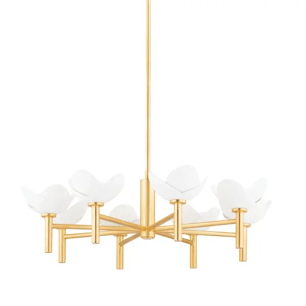 This eight-light chandelier combines contemporary elegance with artisanal craftsmanship. The gold leaf and white plaster finish creates a refined, high-end aesthetic perfect for formal spaces requiring substantial lighting and visual impact.