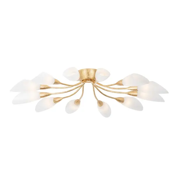 The Enfield makes a bold statement with its 42-inch span and 12 cloud glass shades arranged in an organic branching pattern. The Vintage Gold Leaf finish adds warmth and luxury, while bias-cut glass directs light upward for ambient glow.