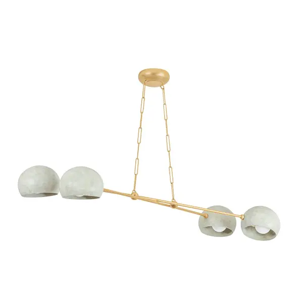 This Hudson Valley chandelier combines vintage gold leaf metalwork with handcrafted limewash plaster shades for a refined, organic aesthetic. The four-light configuration provides balanced illumination while the textured plaster creates warm, diffused light. An excellent choice for transitional spaces seeking understated elegance.
