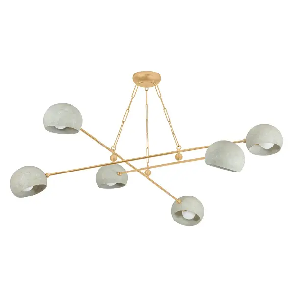 This Hudson Valley chandelier combines vintage gold leaf metalwork with handcrafted limewash plaster shades for a refined, organic aesthetic. The six-light configuration provides ample illumination while the textured plaster diffuses light beautifully.