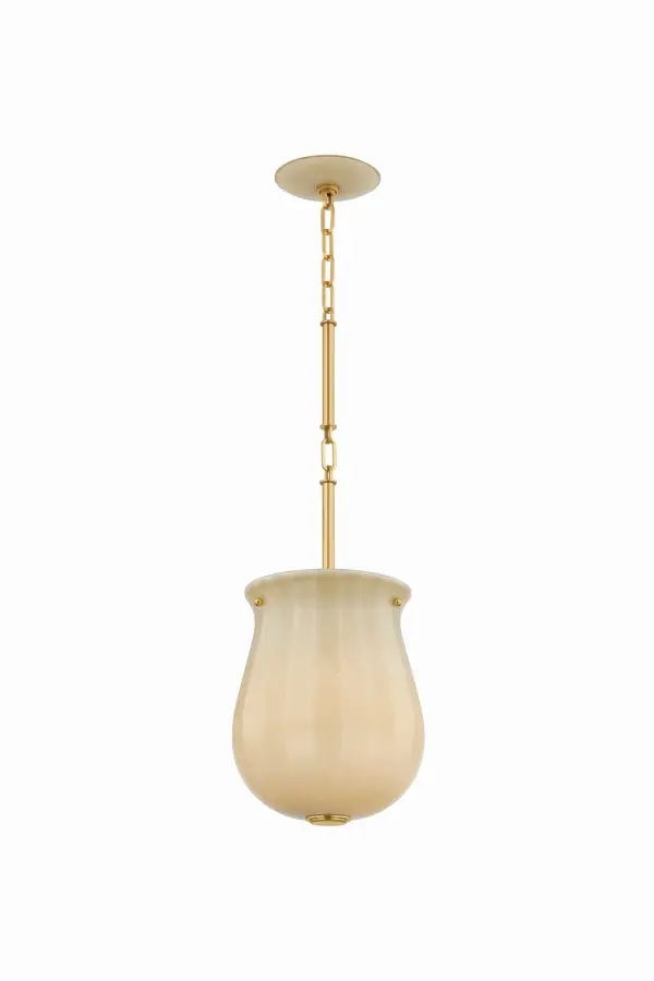 Drawing on botanical imagery, the Nevins family's bulbous silhouettes and technical craftsmanship create memorable everyday staples. Both the stout, vessel-shaped shades and their matching canopies are constructed of champagne cased glass that diffuses a soft, luminous glow. Sleek, chain-linked stems offer a modern counterpoint in an Aged Brass or Dark Bronze finish. Designed for flexibility of use, Nevins is available in two pendant sizes as well as a semi-flush mount. Collection: Nevins Designer: Hudson Valley Lighting Finish: Aged Brass Glass: Champagne Width: 10.00" Height: 18.75" Weight: 9.37 lb Chain: 18" Canopy: 4.75"x0.75" Number of Bulbs: 1 Maximum Wattage: 15.00 W Bulb Type: A19 Bulb Base: E26 Medium Voltage: 120.00 V Material: Glass Country of Origin: VN Safety Listing: UL/cUL Safety Rating: Damp Manufacturer Warranty: 1 Year Limited Manufacturer Spec Sheet Instructions