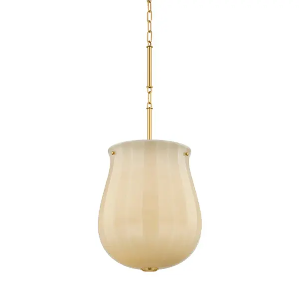 Drawing on botanical imagery, the Nevins family's bulbous silhouettes and technical craftsmanship create memorable everyday staples. Both the stout, vessel-shaped shades and their matching canopies are constructed of champagne cased glass that diffuses a soft, luminous glow. Sleek, chain-linked stems offer a modern counterpoint in an Aged Brass or Dark Bronze finish. Designed for flexibility of use, Nevins is available in two pendant sizes as well as a semi-flush mount. Collection: Nevins Designer: Hudson Valley Lighting Finish: Aged Brass Glass: Etched with Optic Width: 14.00" Height: 22.75" Weight: 10.12 lb Chain: 18" Canopy: 4.75"x0.75" Number of Bulbs: 1 Maximum Wattage: 25.00 W Bulb Type: A21 Bulb Base: E26 Medium Voltage: 120.00 V Material: Glass Country of Origin: VN Safety Listing: UL/cUL Safety Rating: Damp Manufacturer Warranty: 1 Year Limited Manufacturer Spec Sheet Instructions