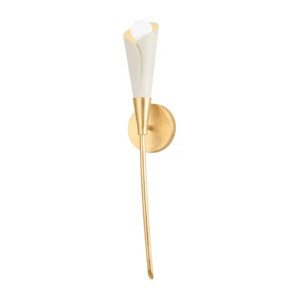This Hudson Valley wall sconce combines vintage gold leaf metalwork with a soft sand fabric shade for a refined, versatile look. Perfect for adding ambient lighting and visual interest to bedrooms, hallways, and living spaces.