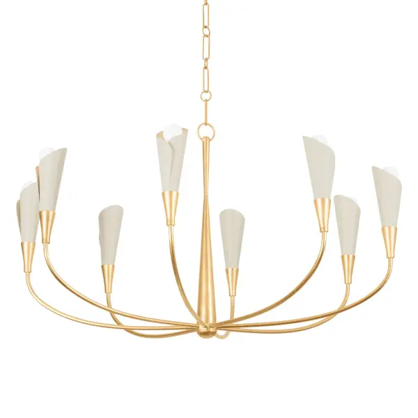 This sophisticated eight-light chandelier combines vintage gold leaf metalwork with soft sand fabric shades, creating a warm, inviting glow. Perfect for formal dining rooms and grand living spaces.