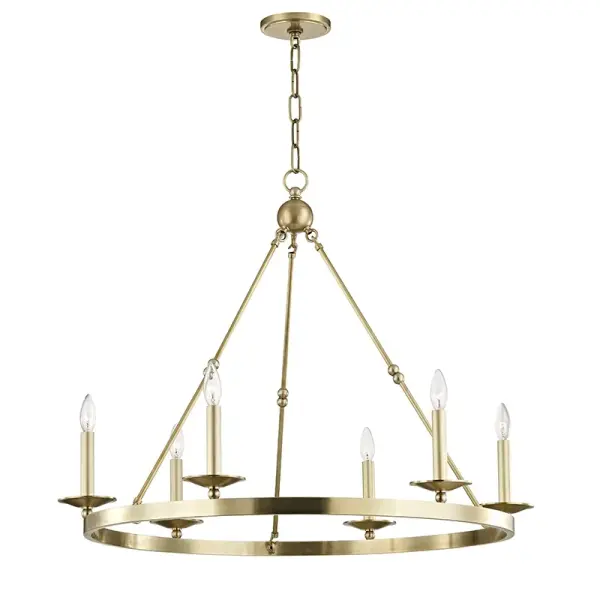 The Allendale reimagines the classic wagon-wheel chandelier with streamlined hook-and-hoop rods and sphere details. Its aged brass finish adds warmth while maintaining a refined aesthetic that bridges rustic and contemporary styles.