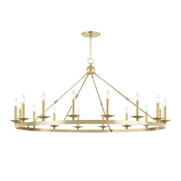 The Allendale reimagines the wagon-wheel chandelier with sophisticated hook-and-hoop rods and sphere details. Its 58-inch span and 16 lights create dramatic impact while the aged brass finish adds warmth and character to large spaces.