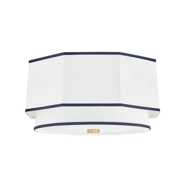 Riverdale brings refined elegance to low-ceiling spaces with its crisp lines and linen shades accented by striking black trim. The aged brass finish adds warmth while maintaining a contemporary edge.