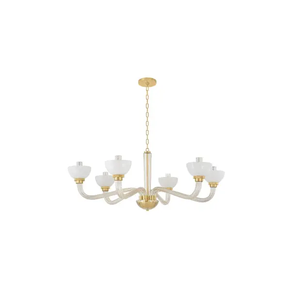 The St. Lawrence chandelier blends vintage charm with contemporary design through fluted champagne glass branches and upturned opal seedy glass shades. The aged brass finish adds warmth and sophistication to any space.