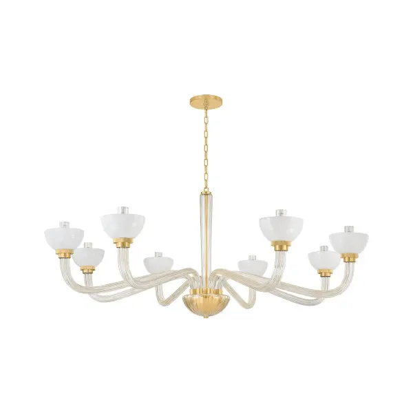 The St. Lawrence brings refined elegance with its distinctive fluted champagne glass branches and upturned opal seedy glass shades. The substantial 61.75-inch width makes a bold statement over large dining tables or kitchen islands.
