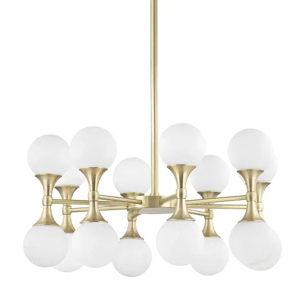 The Astoria brings contemporary elegance with its linear design and warm aged brass finish. Six integrated LED lights provide energy-efficient illumination through opal etched glass shades, creating a refined focal point.