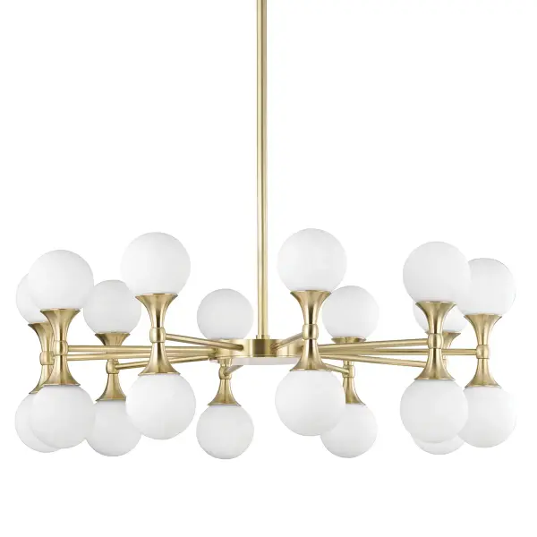 The Astoria brings contemporary elegance with its 36-inch linear design and warm aged brass finish. Twenty integrated LED G9 bulbs provide energy-efficient illumination through opal etched glass shades, creating a refined glow perfect for modern dining spaces.