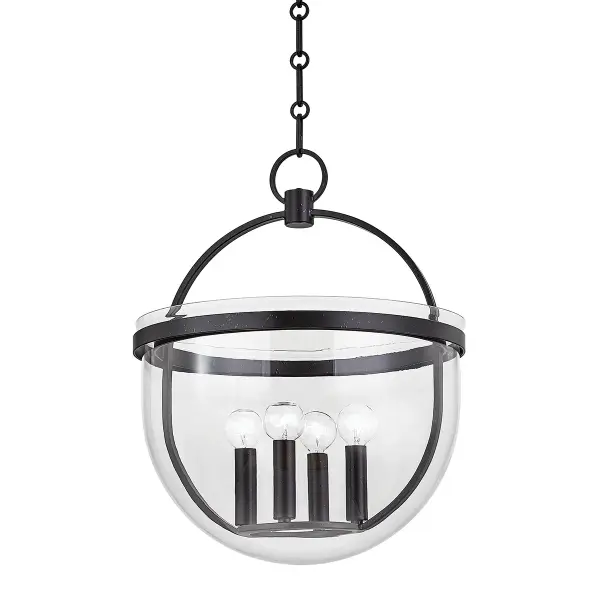 The Malloy lantern reimagines the classic bell jar with a contemporary elliptical metal framework and elongated clear glass shade. The Aged Iron finish and exposed screw details add industrial-chic character while maintaining transitional versatility.