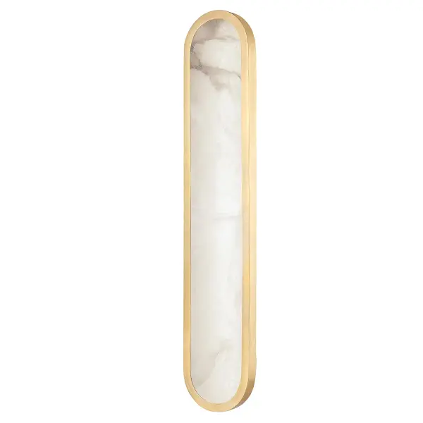 The Manhasset brings sophisticated vertical illumination with integrated LED technology and natural alabaster diffusion. Its slim profile and aged brass finish make it ideal for flanking mirrors or creating dramatic hallway lighting.