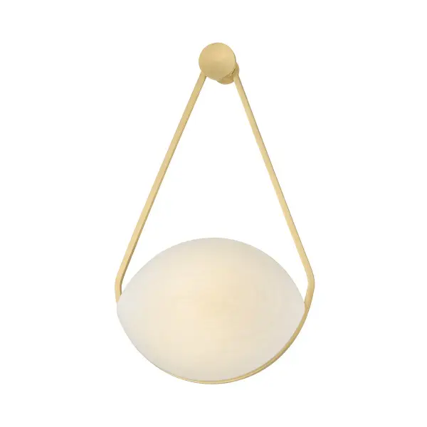The Blaina sconce brings jewelry-inspired elegance to walls with its distinctive triangular suspension and soft oval cloud glass shade. The aged brass finish adds warmth while the artistic form creates visual interest in any space.