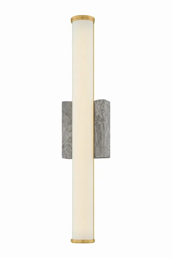 The Stony Point sconce explores the intersection of materiality and form as an elongated opal glass LED appears to float within the recess of a honed gray travertine backplate. As light washes the stone, it highlights the natural variations and veining. Finished in Aged Brass, Stony Point may be mounted vertically or horizontally, making it a versatile addition to modern baths and living spaces. Due to the one-of-a-kind nature of the medium, exact colors and patterns may vary slightly from the image shown. Collection: Stony Point Designer: Hudson Valley Lighting Finish: Aged Brass Glass: Opal Glossy Width: 5.00" Height: 24.50" Weight: 7.45 lb Extension from Wall: 3.25" Canopy: 5"x6.25" Number of Bulbs: 1 Maximum Wattage: 21.00 W Bulb Base: Integrated Light Source: LED Light Output: 1225.00 lm Color Temperature: 2700 K CRI: 90 Voltage: 120.00 V Material: Glass Country of Origin: VN Safety Listing: UL, cETL Safety Rating: Damp ADA LED Manufacturer Warranty: 1 Year Limited Manufacturer Spec Sheet Instructions