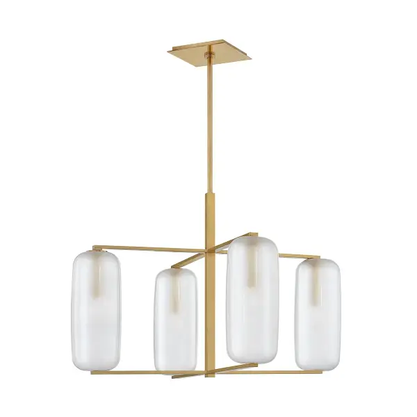 The Pebble chandelier features four organic glass shades suspended in a linear arrangement, creating visual interest with its sculptural form. The aged brass finish adds warmth while the clear etched glass provides soft, diffused light.