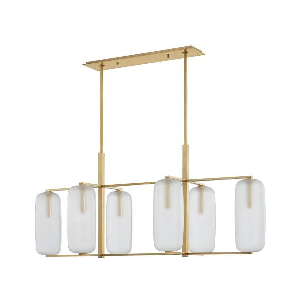 The Pebble brings refined elegance with six etched glass shades suspended in a linear arrangement. Its aged brass finish and organic pebble-shaped glass create visual interest while providing ample illumination for dining and kitchen spaces.