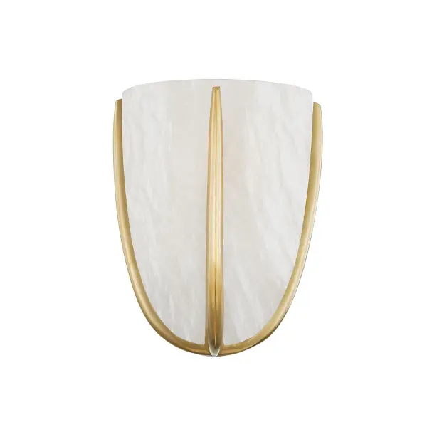 The Wheatley sconce combines smooth curved metal arms with Spanish white alabaster for a soft, sophisticated look. Its compact 7-inch width and damp rating make it ideal for bathrooms and powder rooms, while the natural stone variations ensure each piece is unique.
