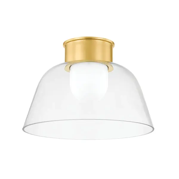 The Lakeside flush mount exemplifies refined simplicity with its bowl-shaped dual-layer glass design and streamlined aged brass canopy. Perfect for spaces requiring clean aesthetics and soft, diffused lighting without visual clutter.