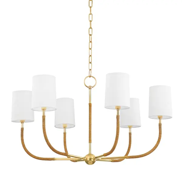 The Webson chandelier beautifully blends warm Aged Brass with natural rattan and white linen for a sophisticated yet relaxed aesthetic. Its 34-inch width makes it ideal for medium-sized dining spaces and kitchen islands.
