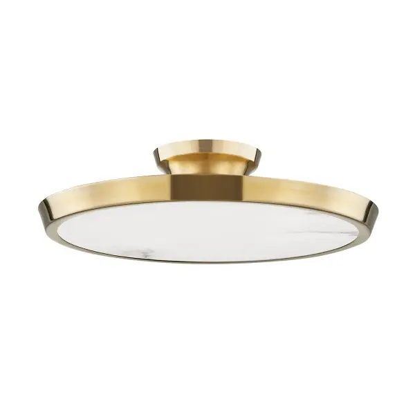 The Draper combines contemporary design with timeless materials. Its 15.5-inch alabaster shade provides soft, diffused illumination while the aged brass finish adds warmth. Integrated LED delivers 1050 lumens at 2700K.