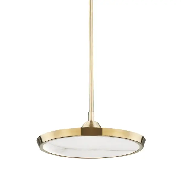 The Draper pendant combines contemporary design with natural alabaster for a warm, diffused light. Its integrated LED technology and adjustable stem system make it versatile for various ceiling heights and room sizes.