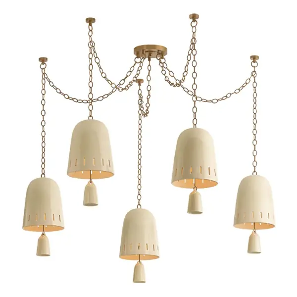 A memorable installation that celebrates handcrafted artistry, Omi is defined by an elegant swag silhouette and suspended ceramic "bell" shades. Finished in an earthy Ivory Crackle glaze, the shades showcase the natural character of the material, while decorative slats allow light to peek through. Suspended from a Patina Brass-finished chain, Omi is available as a 3- or 5-light chandelier, as well as a pendant in two sizes. Collection: Omi Designer: Hudson Valley Lighting Finish: Patina Brass Glass: Ivory Crackle Width: 50.00" Height: 17.50" Weight: 46.30 lb Chain: 54" Canopy: 7.00"x1.00" Number of Bulbs: 5 Maximum Wattage: 15.00 W Bulb Type: A19 Bulb Base: E26 Medium Voltage: 120.00 V Material: Ceramic Country of Origin: VN Safety Listing: UL/cUL Safety Rating: Damp Manufacturer Warranty: 1 Year Limited Manufacturer Spec Sheet Instructions