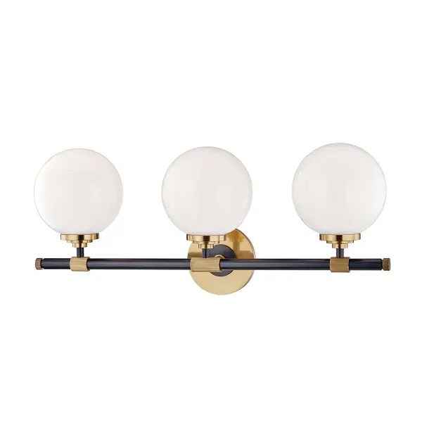 The Bowery bath bracket delivers traditional elegance with its aged old bronze finish and opal glass shades. At nearly 24 inches wide, it provides excellent illumination for medium to large vanities while adding vintage charm.