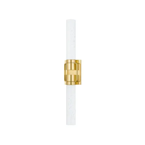 Glen Oaks delivers refined simplicity with its dual seedy opal glass cylinders and slender metal straps. The aged brass finish adds warmth while maintaining clean lines, making it ideal for modern bath spaces seeking understated elegance.