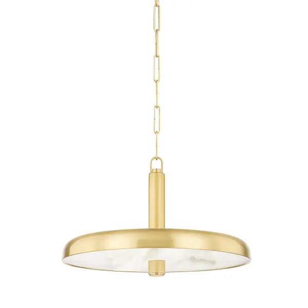 The Reynolds pendant combines sleek modern design with timeless elegance. Its aged brass finish and natural alabaster lens create warm, diffused lighting perfect for dining and entertaining spaces.